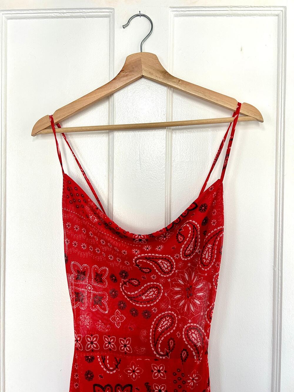 Red Bandana Maxi Dress | Cowl Neck Paisley Spaghetti Strap Y2K Boho Summer Fest